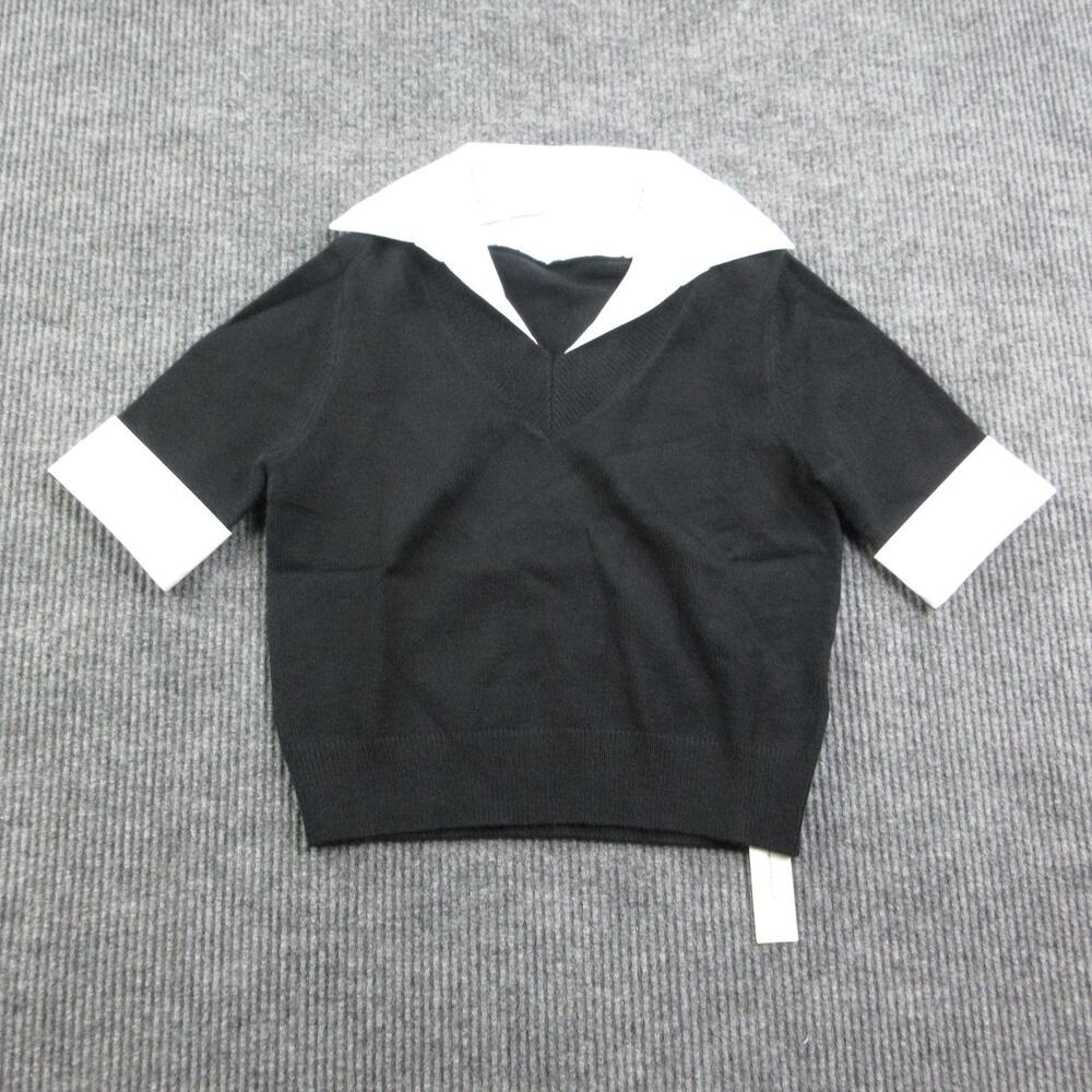 COMMENSE Sweater Womens S Black V-Neck Short Sleeve Pullover White Collar NWT